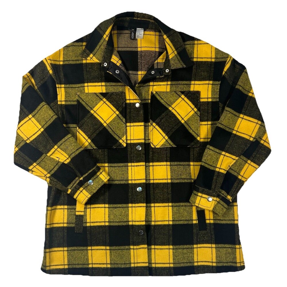H&M Divided Women's Black Yellow Plaid Flannel Oversized Shacket w Pockets Small